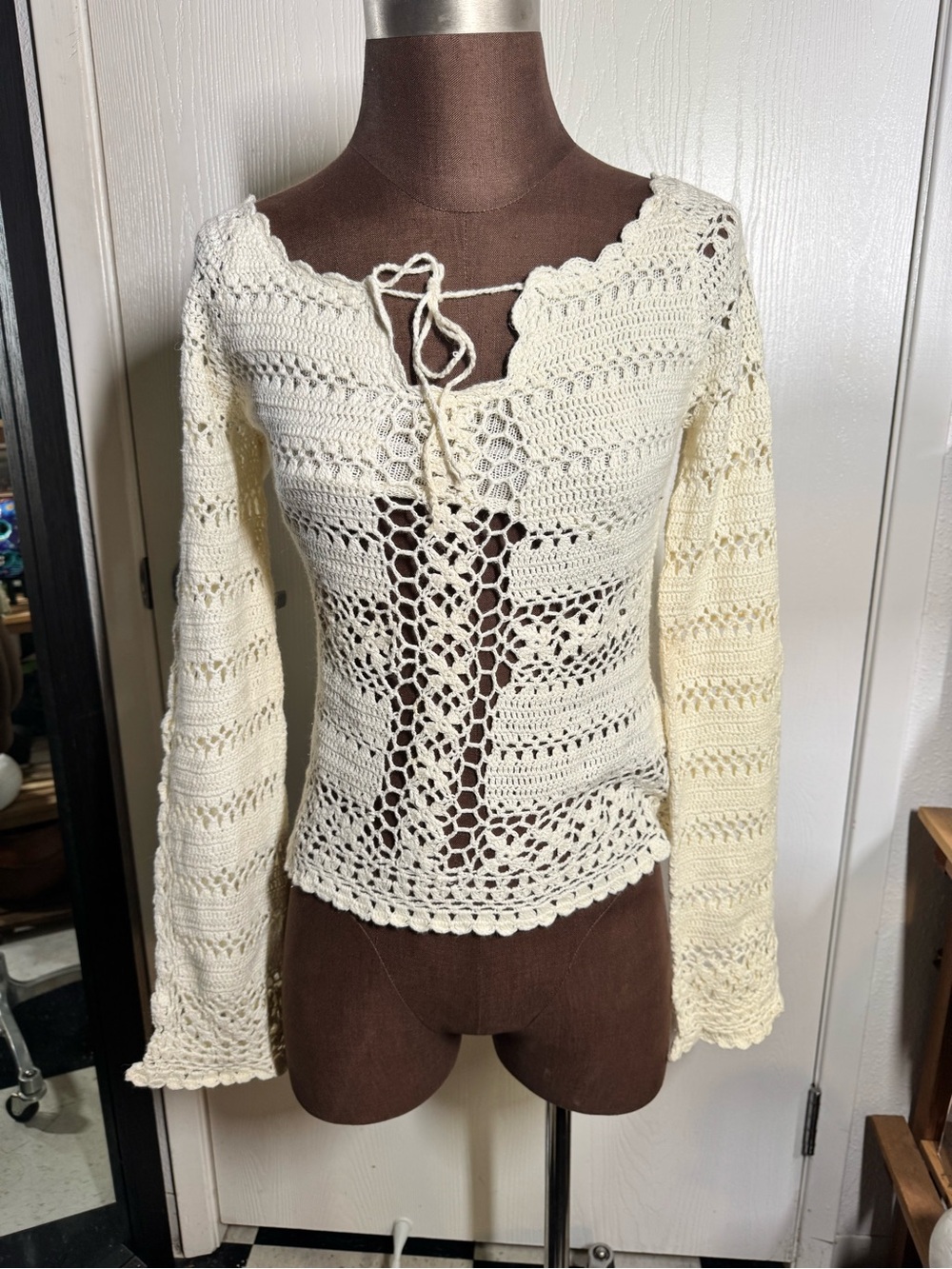 Crochet Lace-Up Cream Sweater